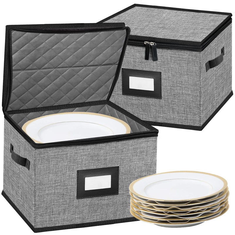 ouruer China Storage Containers-Quilted Dish Storage Containers with Lid Hard Shell for Moving Transport, Dinnerware Storage,Stackable Plate Storage,24 Felt Plate Dividers Included,2PACK 12*12*8in - Image 1