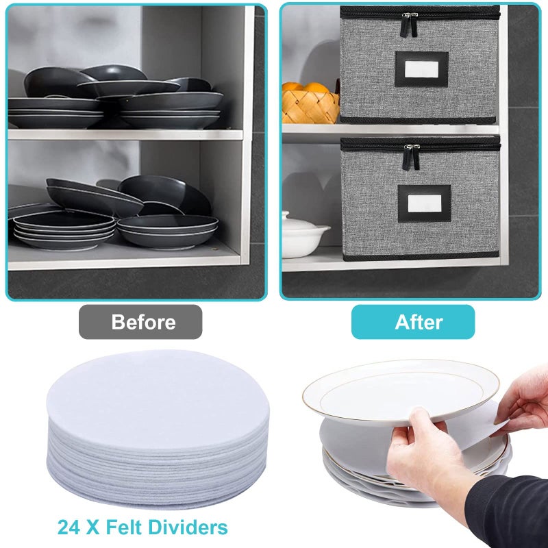 ouruer China Storage Containers-Quilted Dish Storage Containers with Lid Hard Shell for Moving Transport, Dinnerware Storage,Stackable Plate Storage,24 Felt Plate Dividers Included,2PACK 12*12*8in - Image 2
