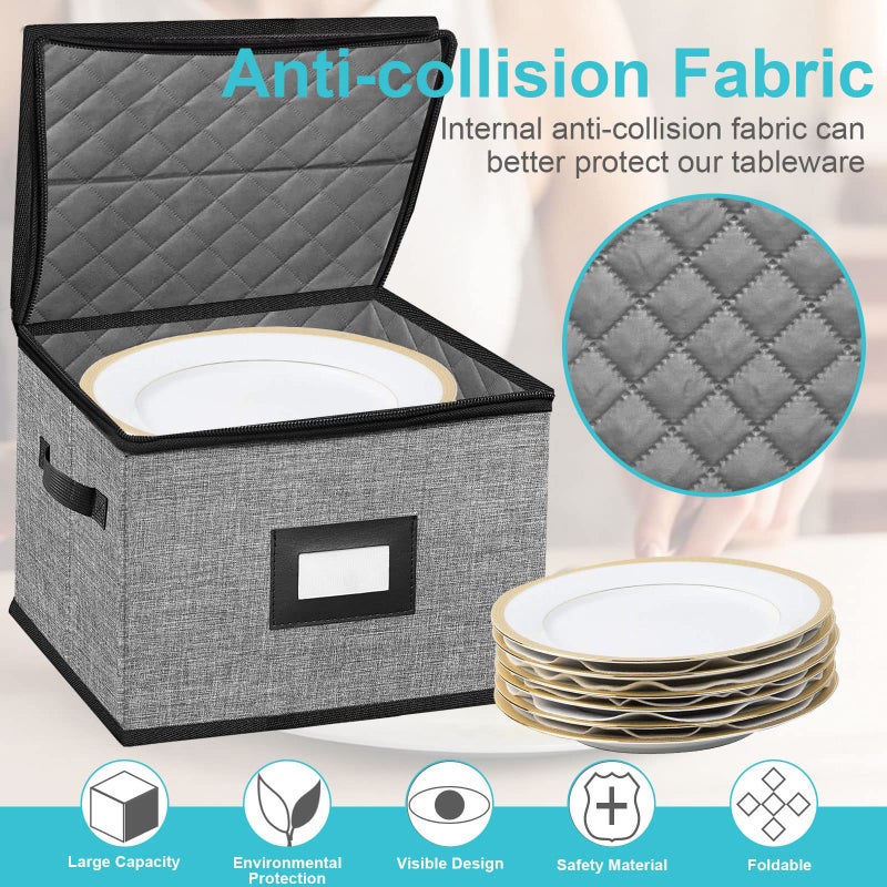 ouruer China Storage Containers-Quilted Dish Storage Containers with Lid Hard Shell for Moving Transport, Dinnerware Storage,Stackable Plate Storage,24 Felt Plate Dividers Included,2PACK 12*12*8in - Image 4