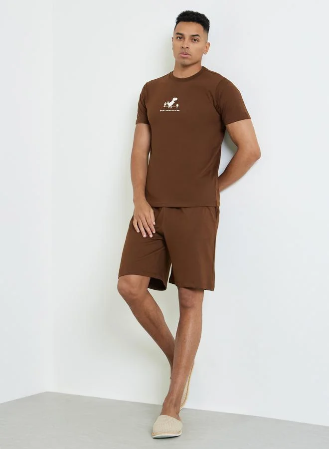 Styli Men Printed Cotton Blend T-Shirt and Shorts Set