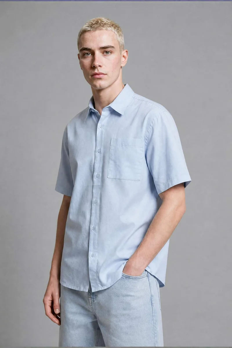 Boxy Fit Shirt Collar Printed Gabardine Short Sleeve Shirt