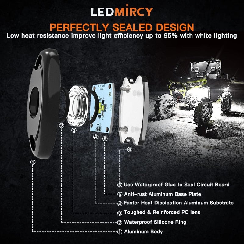 LEDMIRCY أضواء LEDMIRCY LED الصخرية البيضاء 8 قطع لجيب شاحنات الطرق الوعرة RZR السيارات القوارب ATV UTV SUV أضواء تحتية نيون تحت الهيكل أضواء مسار عالية الطاقة مقاومة للماء والصدمات (8 قطع-أبيض) - Image 5
