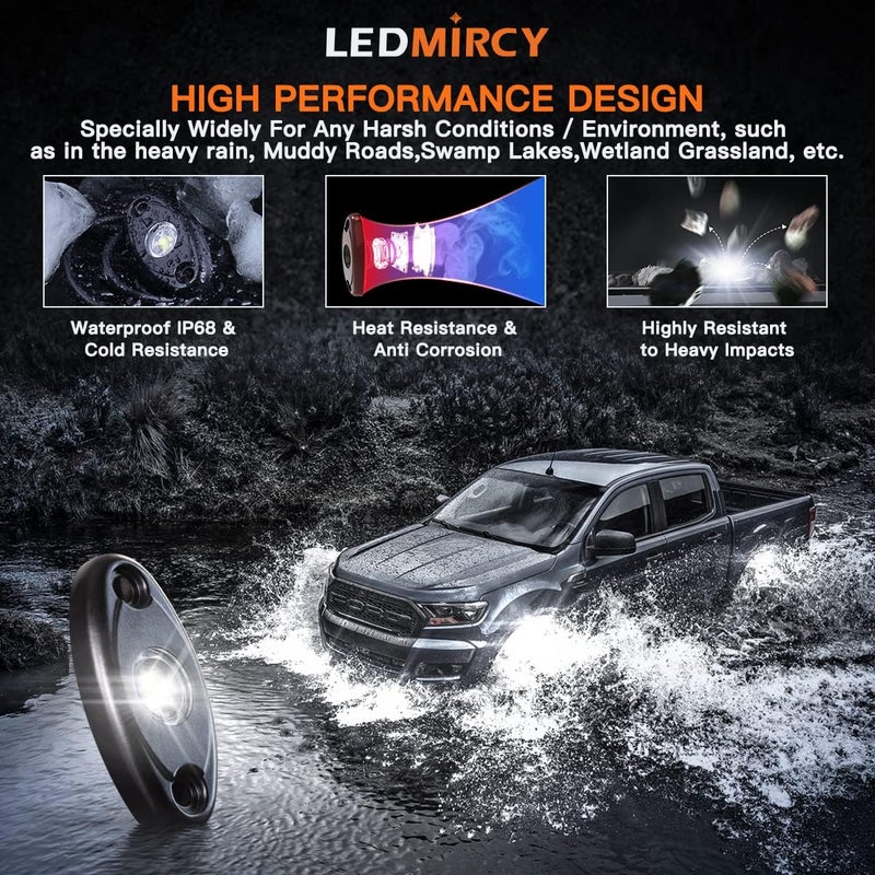 LEDMIRCY أضواء LEDMIRCY LED الصخرية البيضاء 8 قطع لجيب شاحنات الطرق الوعرة RZR السيارات القوارب ATV UTV SUV أضواء تحتية نيون تحت الهيكل أضواء مسار عالية الطاقة مقاومة للماء والصدمات (8 قطع-أبيض) - Image 2