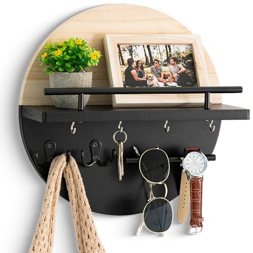 dreampossible Key Holder for Wall Decorative with Shelf and Hooks Mail Organizer Wall Mount with Sunglasses Holder Circular Design Entryway Key Rack Hanger Rustic Home Decor - Image 1