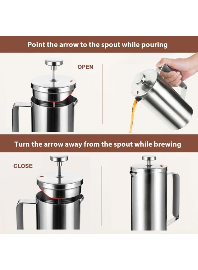 Meelio Small French Press Coffee Maker 600ml, Double-Wall Insulated French Press Coffee Press Stainless Steel for travel camping, Included 2 Extra Fliters and 1 Coffee Spoon (2-4cup, 20 OZ) silver - Image 5