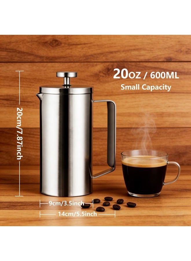 Meelio Small French Press Coffee Maker 600ml, Double-Wall Insulated French Press Coffee Press Stainless Steel for travel camping, Included 2 Extra Fliters and 1 Coffee Spoon (2-4cup, 20 OZ) silver - Image 2