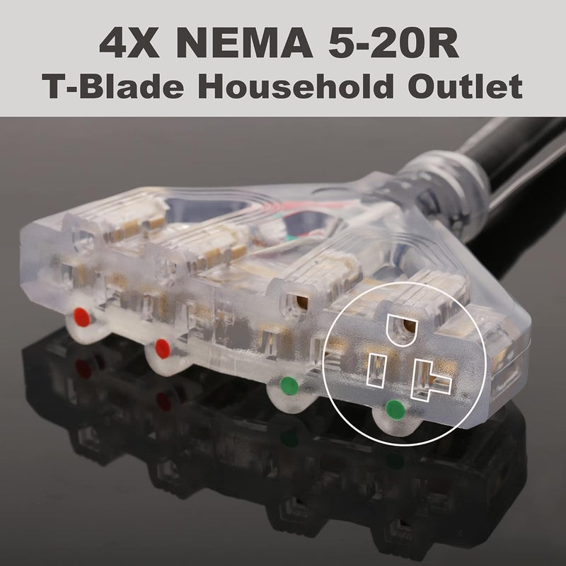 CircleCord 4 Prong 30 Amp to 15 Amp Generator Distribution Adapter, NEMA L14-30P Male to 4X 5-15R/5-20R T-Blade Female with Dust Protection Caps, 10 Gauge 125/250V 7500W - Image 3