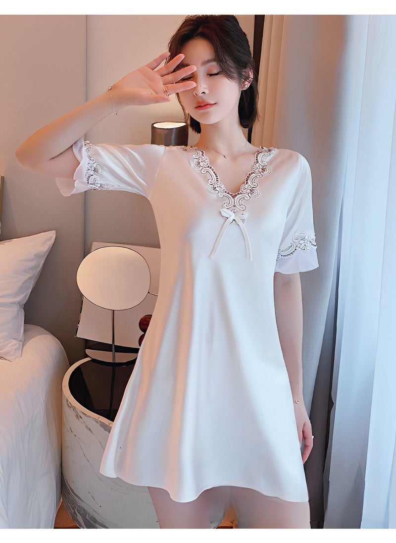 Women's Satin Nightgown Sleepwear V Neck Satin Lace Chemise Nightgown Ice Silk Short Sleeve Nightshirt