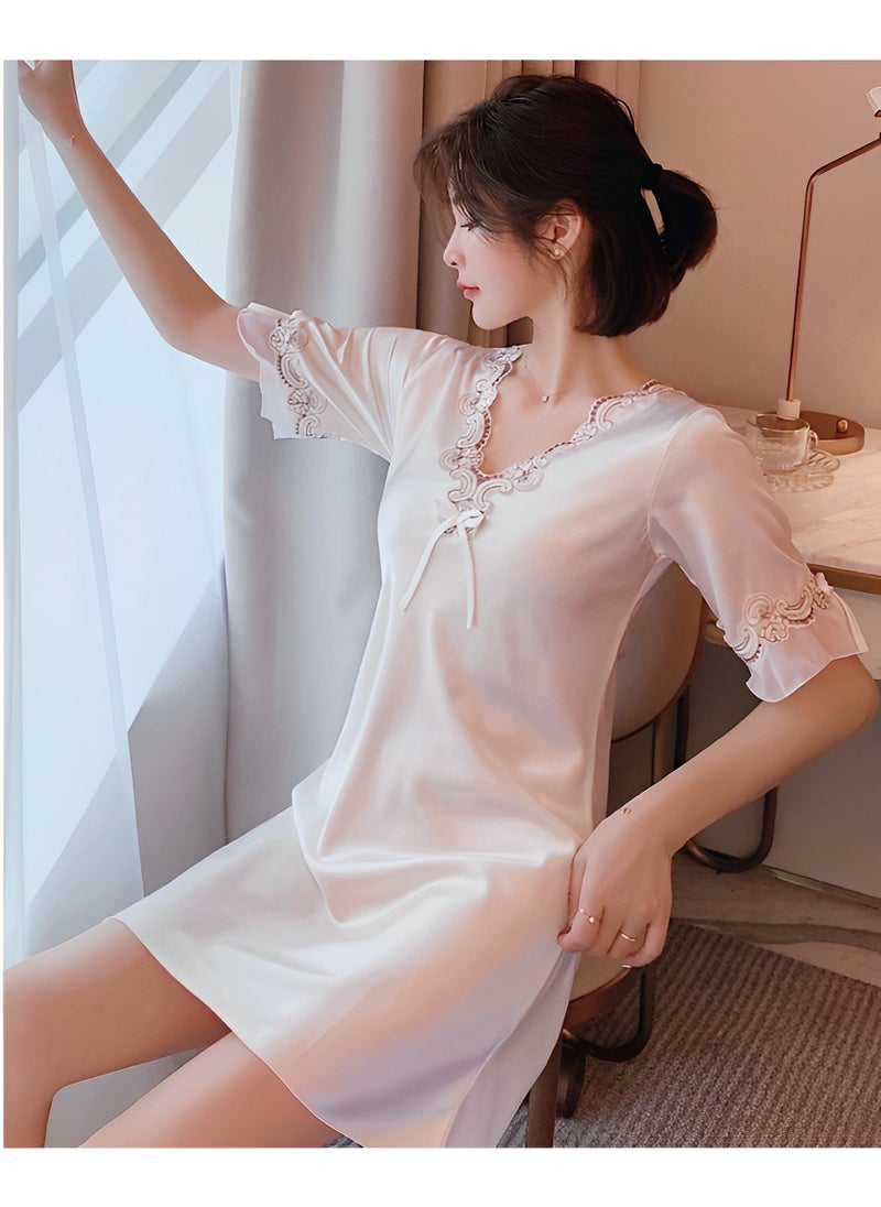 Women's Satin Nightgown Sleepwear V Neck Satin Lace Chemise Nightgown Ice Silk Short Sleeve Nightshirt