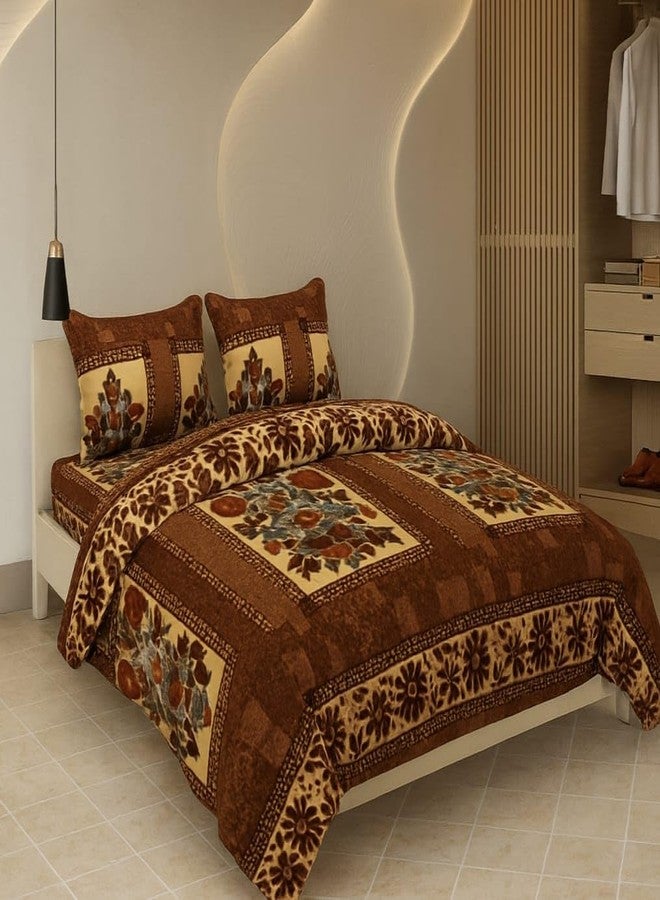 Prozone Warm Polar Fleece Gamla Printed Woollen Bedsheet for Double Bed 90 x 100 Inches with 2 Matching Pillow Covers I Winter Flat Double Bedsheet with 2 Pillow Cover (Gamla & Coffee) - Image 1