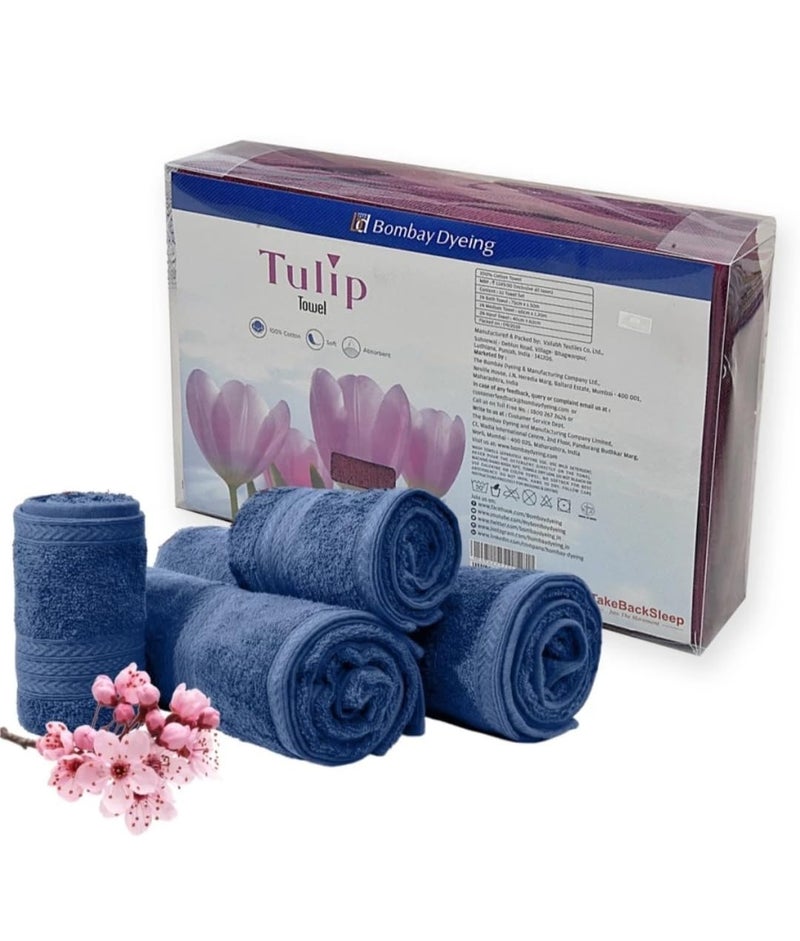 Bombay Dyeing Cotton Towel Set 450 GSM Bath Hand Face Towel Set Pack of 4 Tulip R4 Blue - Image 4