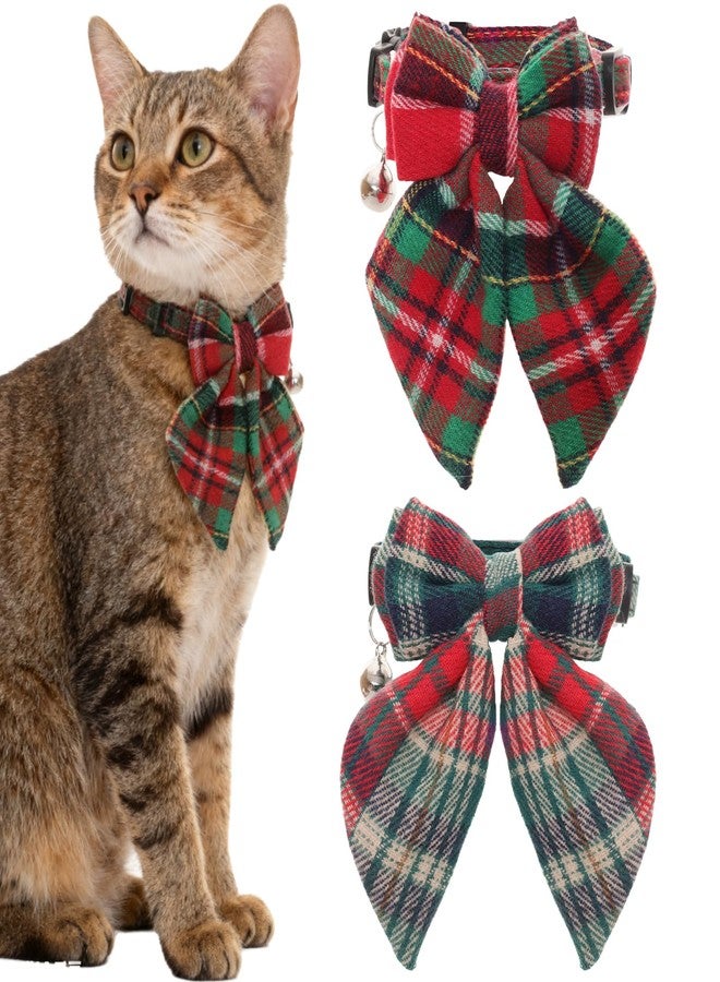 Nfvjfxz 2 Pack Christmas Cat Collar with Detachable Bow Tie Adjustable Red Green Plaid Breakaway Collars with Bell for Cats - Image 1