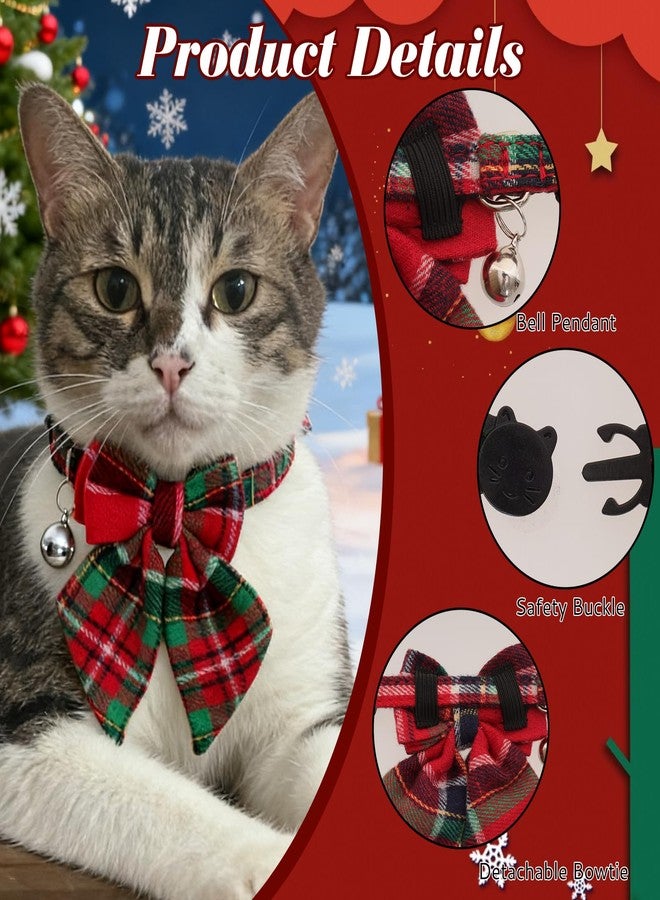Nfvjfxz 2 Pack Christmas Cat Collar with Detachable Bow Tie Adjustable Red Green Plaid Breakaway Collars with Bell for Cats - Image 3