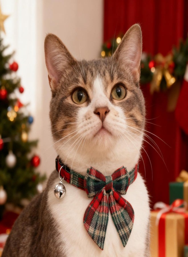 Nfvjfxz 2 Pack Christmas Cat Collar with Detachable Bow Tie Adjustable Red Green Plaid Breakaway Collars with Bell for Cats - Image 5