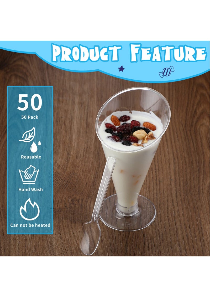 KASTWAVE - Dessert Cups, 50 Pack Mini Dessert Cups with Spoons 4oz Plastic Martini Glasses Disposable Dessert Cups Appetizer Cups for Home Gatherings, Events, Parties, Weddings, Serving, Tasting - Image 1