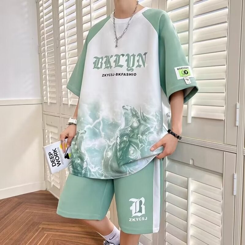 Sportswear Suit Men'S Summer Short-Sleeved T-Shirt Basketball Clothes Casual Shorts Two-Piece Korean Fashionable 2024 - Image 2
