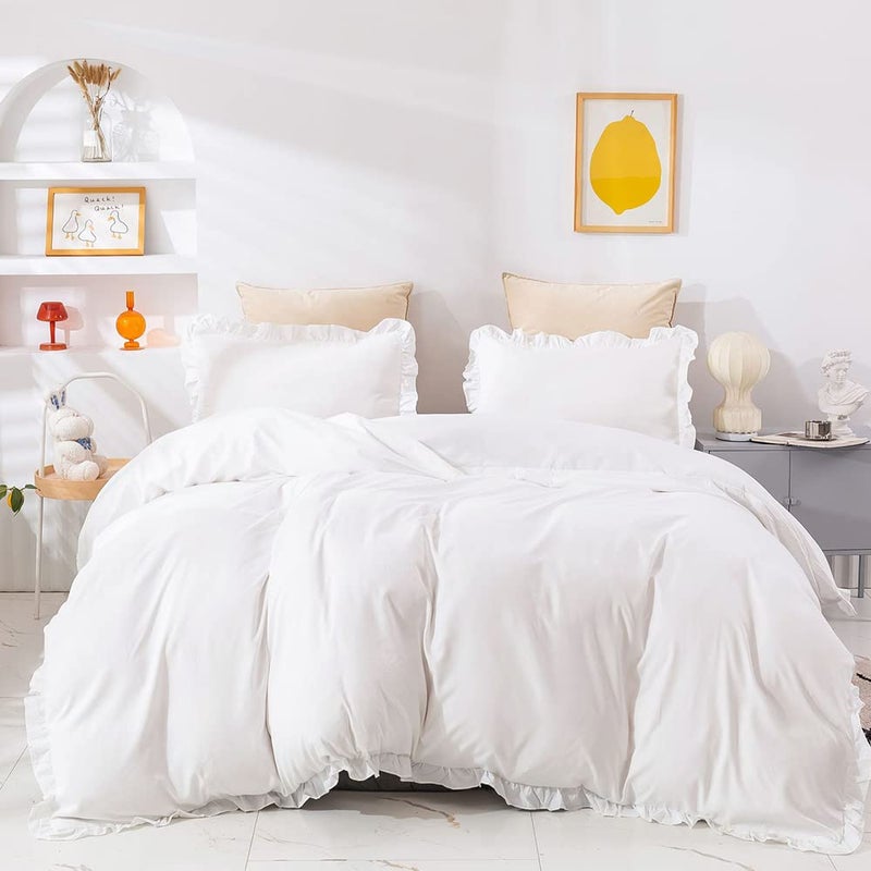 CLOTHKNOW White King Size Comforter Set 3Pcs Ruffles Bedding Comforter Sets Shabby Chic Comforter Vintage Rustic Comforter with 2 Pillow Cases