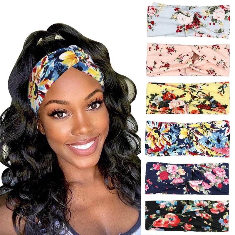 DRESHOW 6 Pack Boho Cotton Non-Slip Headbands for Women Girls Yoga Workout Running Knotted Turban Floral Elastic Head Wrap - Image 1