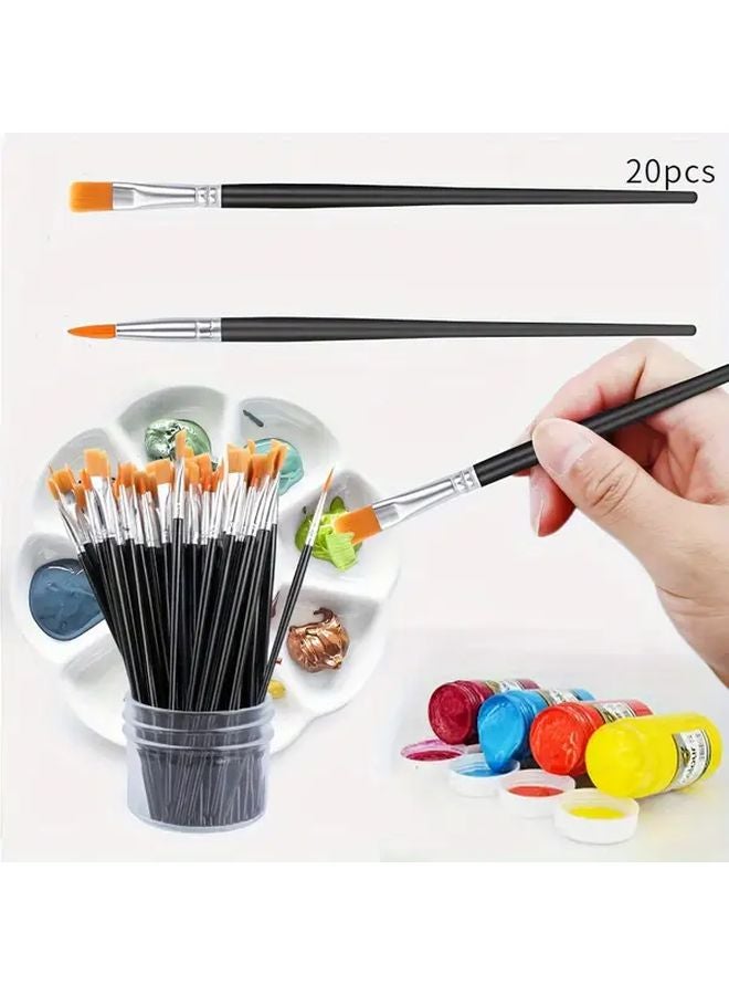 20pcs Black Nylon Hair Brushes With Flat And Round Tips For Oil Watercolor Acrylic Painting - Image 1