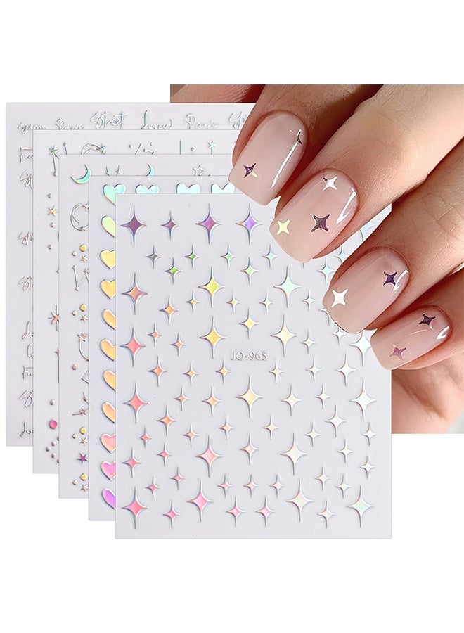 ١٢ ورقة من ملصقات أظافر أورورا ذاتية اللصق، ملصقات أظافر لامعة ثلاثية الأبعاد على شكل نجمة وقلب، لوازم تزيين الأظافر، تصميمات فنية للأظافر، إكسسوارات تزيين. - Image 1
