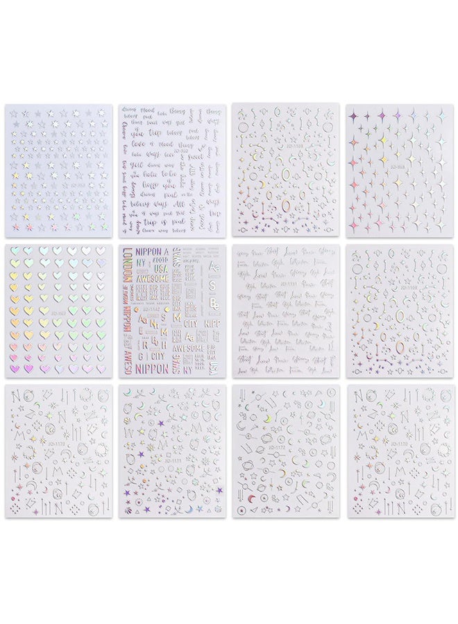 ١٢ ورقة من ملصقات أظافر أورورا ذاتية اللصق، ملصقات أظافر لامعة ثلاثية الأبعاد على شكل نجمة وقلب، لوازم تزيين الأظافر، تصميمات فنية للأظافر، إكسسوارات تزيين. - Image 2