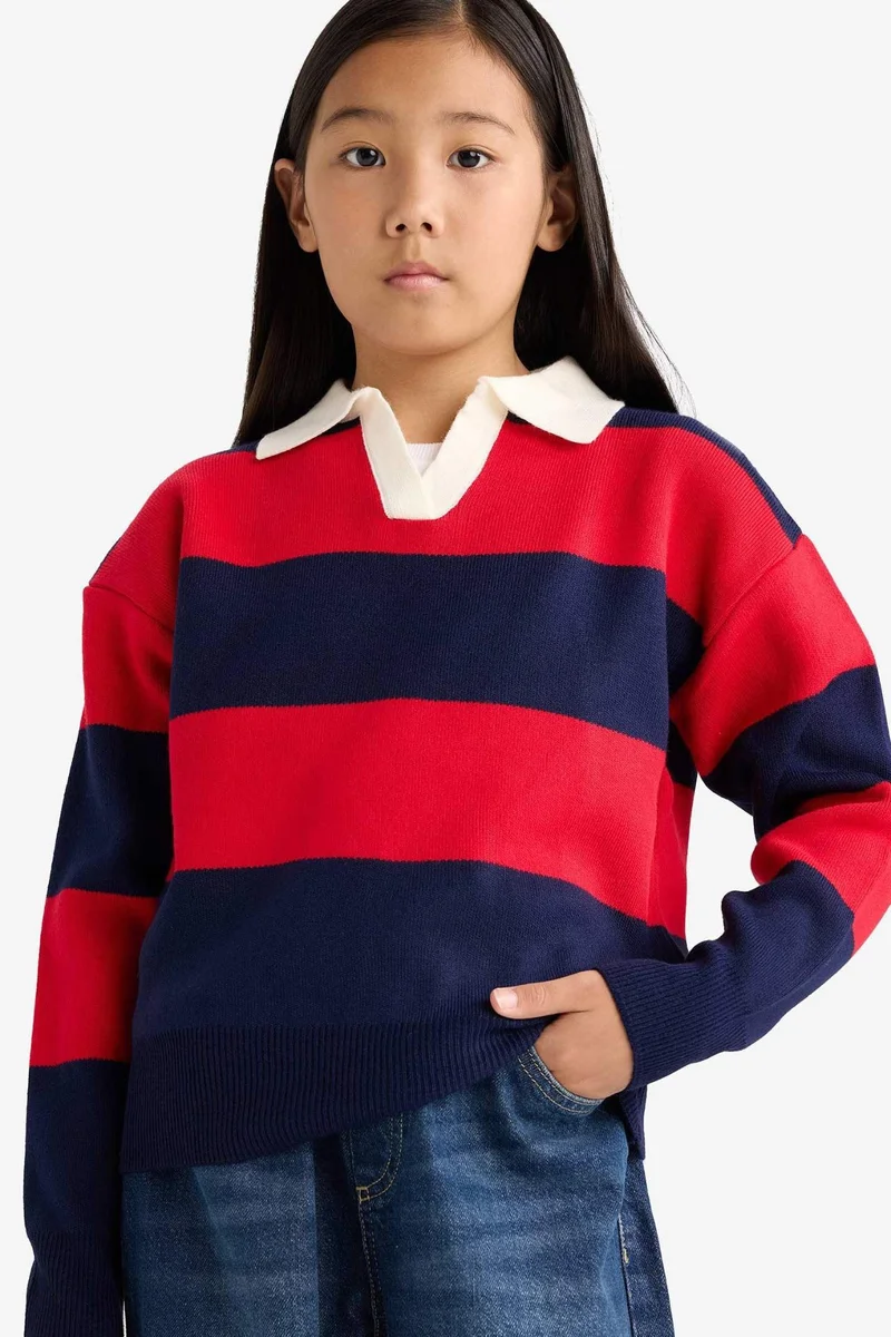 ديفاكتو Girl Regular Fit Polo Collar Pullover