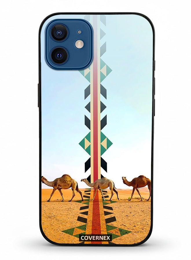 Covernex Apple iPhone 12 Protective Case Cover Printed Featuring Camel Silhouette with Vertical Sadu Pattern - Image 2