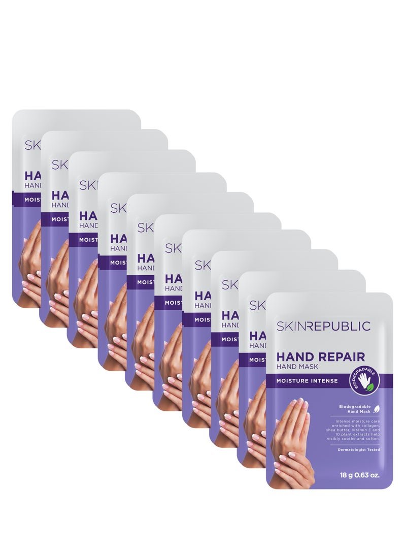 سكين ريبابلك قناع إصلاح اليدين (10 أزواج) - قفازات مرطبة بالكولاجين وزبدة الشيا وفيتامين E، تُنعم البشرة الجافة والخشنة، تُقلل من بقع الشيخوخة والتجاعيد والالتهابات، تركيبة مضادة للشيخوخة وقابلة للتحلل الحيوي. - Image 1
