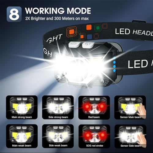 LHKNL Headlamp Flashlight,4-Pack Lumen Ultra Bright LED Rechargeable Headlight with White Red Light,Waterproof Motion Sensor Head Lamp,8 Mode for Outdoor Camping Running Cycling Fishing - Image 4
