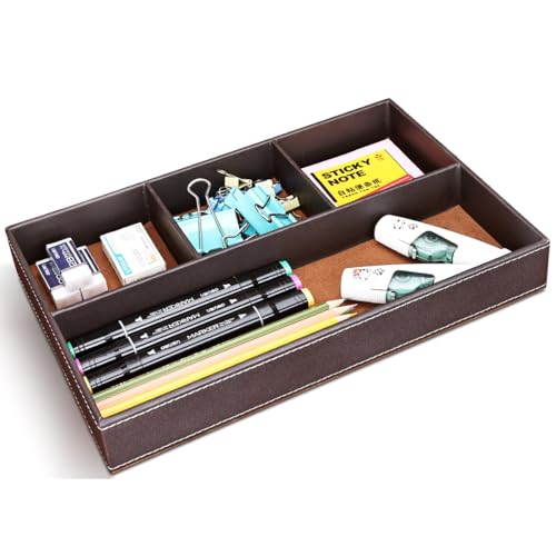 KINGFOM Pu Leather Desk Organizer Tray, 4 Compartment Office Storage Supplies Stationery Drawer Tray, Nightstand Bedside Tray for Key, Wallet, Watch, Coin, Phone Valet Tray Stackable - Image 3
