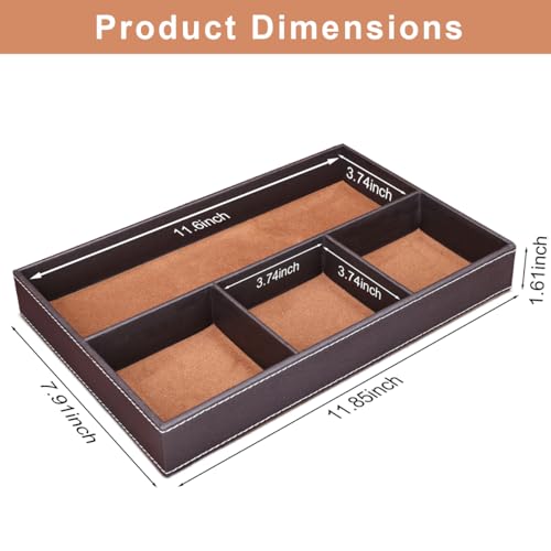 KINGFOM Pu Leather Desk Organizer Tray, 4 Compartment Office Storage Supplies Stationery Drawer Tray, Nightstand Bedside Tray for Key, Wallet, Watch, Coin, Phone Valet Tray Stackable - Image 2