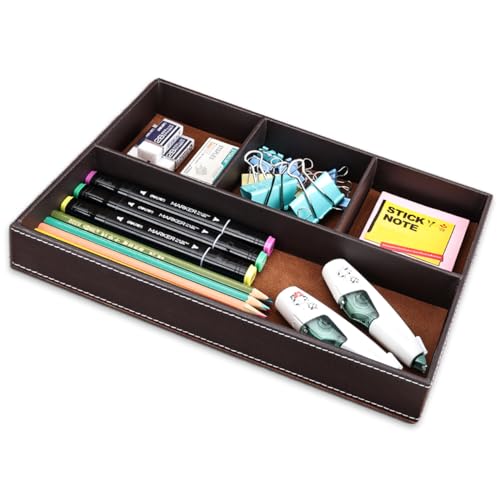 KINGFOM Pu Leather Desk Organizer Tray, 4 Compartment Office Storage Supplies Stationery Drawer Tray, Nightstand Bedside Tray for Key, Wallet, Watch, Coin, Phone Valet Tray Stackable - Image 5