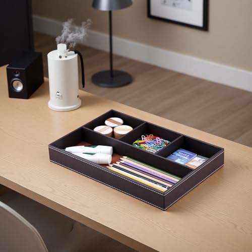KINGFOM Pu Leather Desk Organizer Tray, 4 Compartment Office Storage Supplies Stationery Drawer Tray, Nightstand Bedside Tray for Key, Wallet, Watch, Coin, Phone Valet Tray Stackable - Image 4