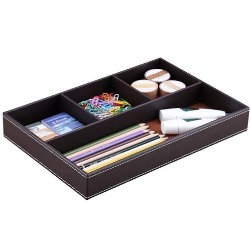 KINGFOM Pu Leather Desk Organizer Tray, 4 Compartment Office Storage Supplies Stationery Drawer Tray, Nightstand Bedside Tray for Key, Wallet, Watch, Coin, Phone Valet Tray Stackable - Image 1