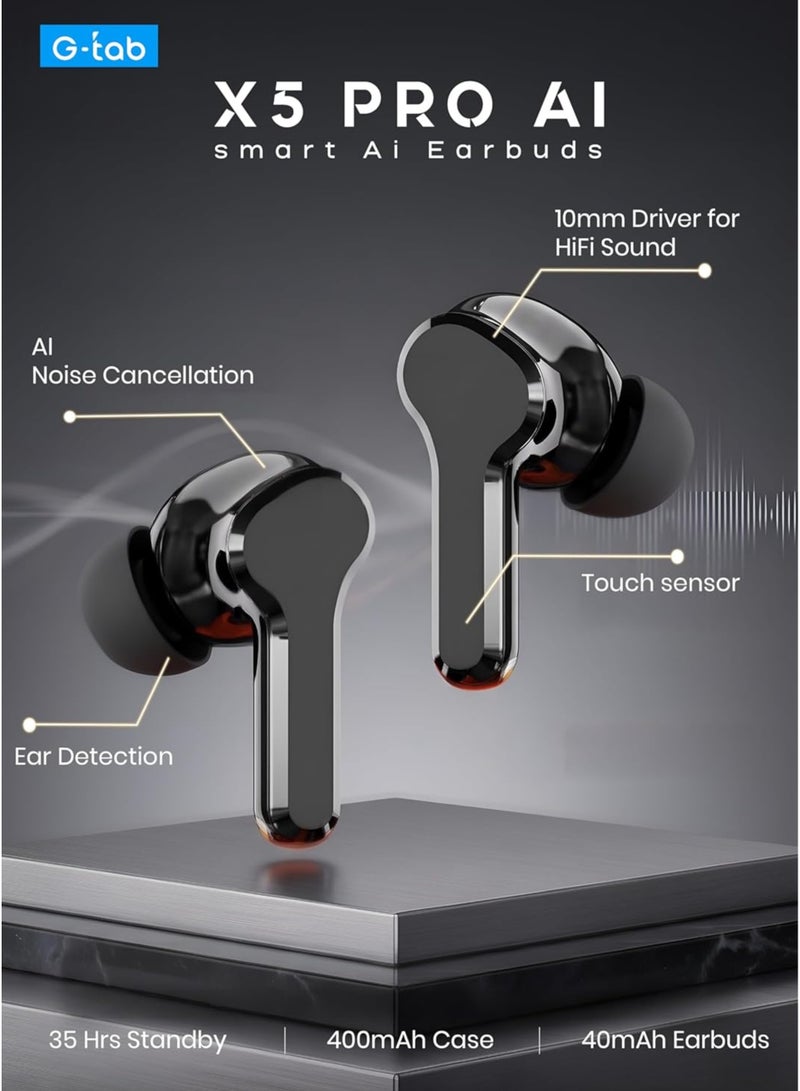 G-TAB X5 Pro AI Bluetooth 5.4 Wireless Earbuds with AI Noise Cancellation, Live Translation, 40H Playtime, Type-C Fast Charging, Touch Control, HiFi Stereo Bass, HD Mic, Low Latency, In-Ear TWS Earphones for Android & iPhone – Black - Image 2