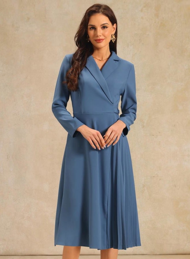 Hobemty Women's Wrap Dress A-Line Pleated Midi Long Sleeve Dresses, Blue, M - Image 2