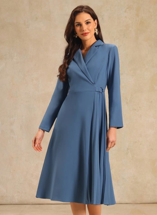 Hobemty Women's Wrap Dress A-Line Pleated Midi Long Sleeve Dresses, Blue, M - Image 4