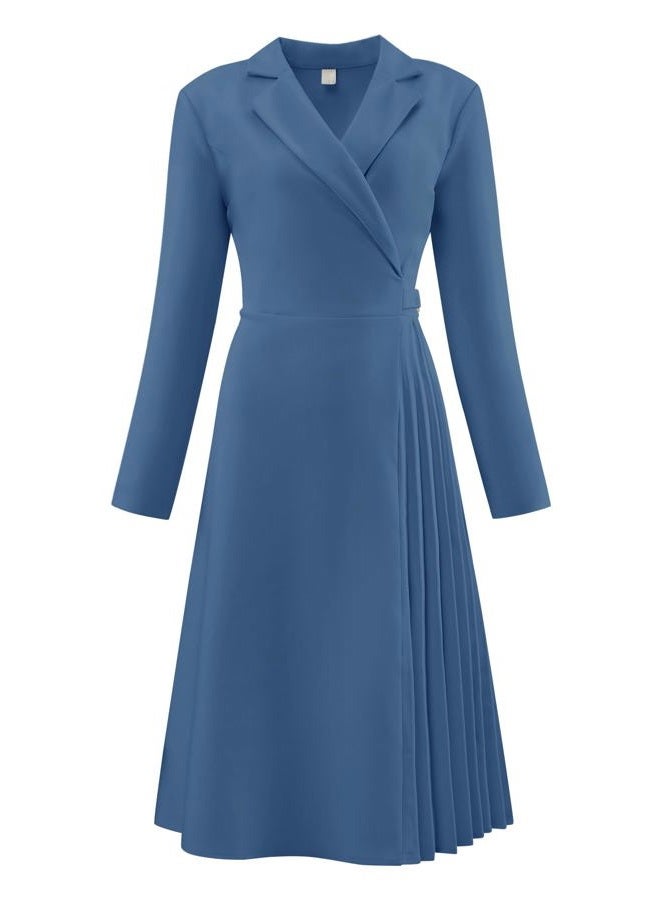 Hobemty Women's Wrap Dress A-Line Pleated Midi Long Sleeve Dresses, Blue, M - Image 1