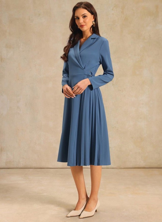 Hobemty Women's Wrap Dress A-Line Pleated Midi Long Sleeve Dresses, Blue, M - Image 3