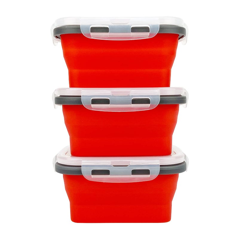 CCyanzi 3piece Collapsible Food Storage Containers with Lids  Silicone Lunch Container  Microwave & Freezer Safe  Space Saving for Kitchen Cabinet and Camping Backpack (red gray) - Image 2
