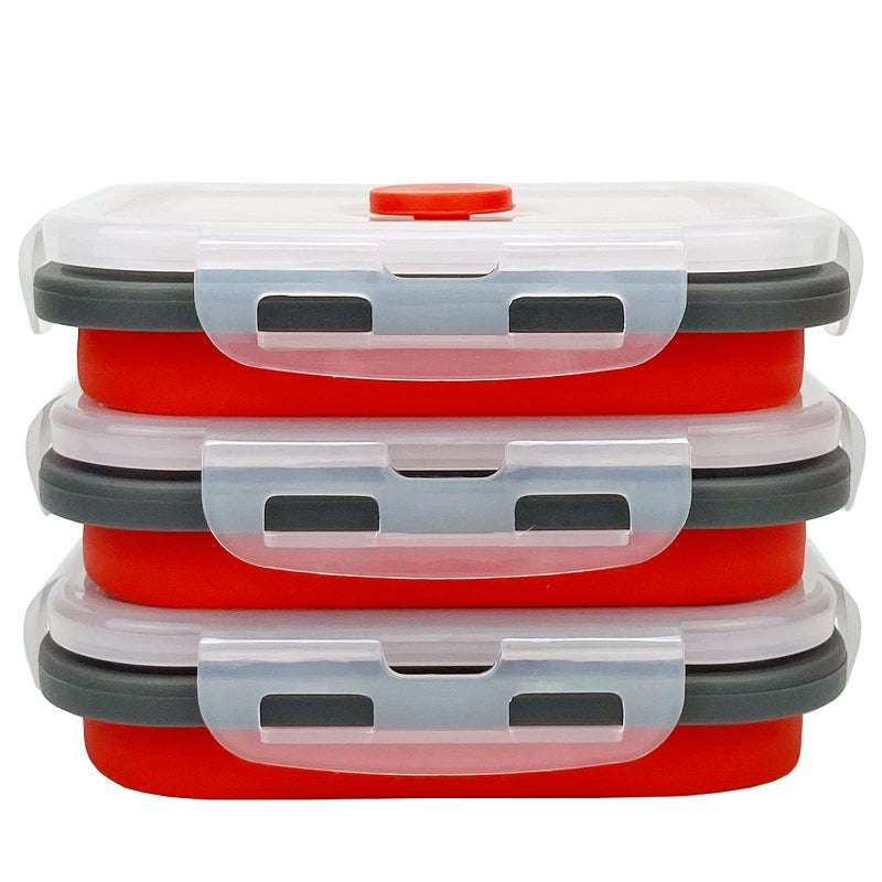 CCyanzi 3piece Collapsible Food Storage Containers with Lids  Silicone Lunch Container  Microwave & Freezer Safe  Space Saving for Kitchen Cabinet and Camping Backpack (red gray) - Image 1