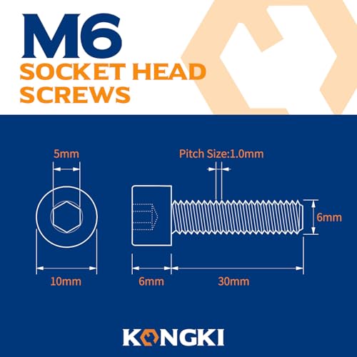 KONGKI M6-1.0 x 30mm Socket Head Cap Screws Bolts, Allen Drive, 12.9 Alloy Steel, Full Thread, Black Oxide, 20 PCS (with Hex Spanner) - Image 2