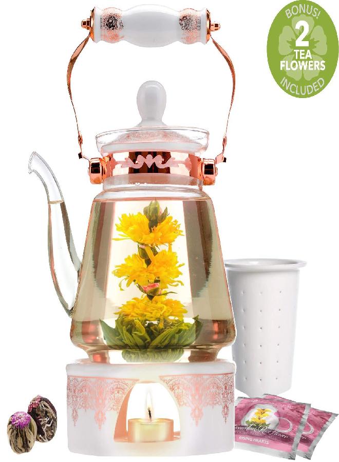 Teabloom Buckingham Palace Teapot & Flowering Tea Gift Set (6 Pieces) - Stovetop Safe Glass Teapot (40 OZ / 1.2 L / 4-5 CUPS), Porcelain Lid, Tea Warmer, Loose Tea Infuser, 2 Gourmet Rose Tea Flowers - Image 3