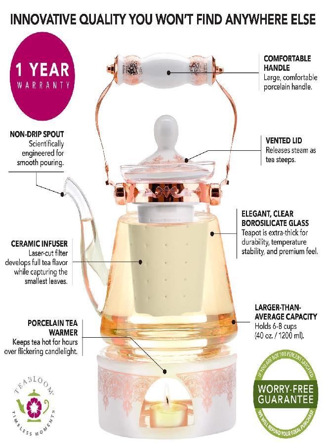 Teabloom Buckingham Palace Teapot & Flowering Tea Gift Set (6 Pieces) - Stovetop Safe Glass Teapot (40 OZ / 1.2 L / 4-5 CUPS), Porcelain Lid, Tea Warmer, Loose Tea Infuser, 2 Gourmet Rose Tea Flowers - Image 2