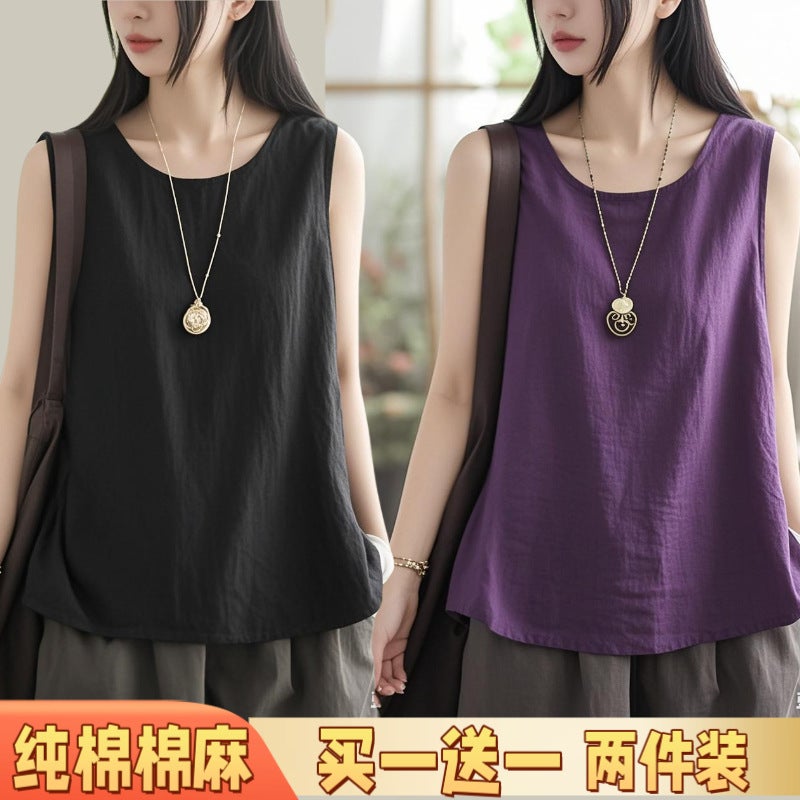 Summer Pure Cotton Retro Cotton And Linen Vest, Slim And Versatile, Commuting Sleeveless Sling, Large Size Casual Bottoming Outer Wear - Image 2
