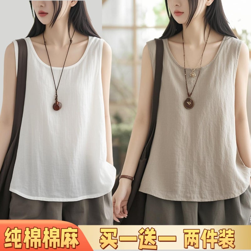 Summer Pure Cotton Retro Cotton And Linen Vest, Slim And Versatile, Commuting Sleeveless Sling, Large Size Casual Bottoming Outer Wear - Image 1