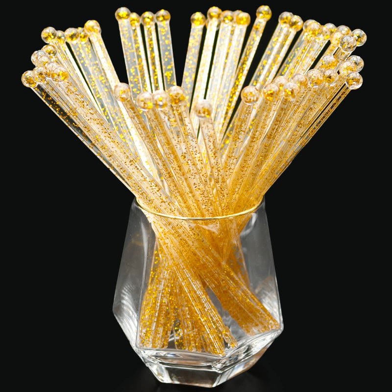hapray 50PCS Gold Glitter Plastic Swizzle Sticks Crystal Cake Pops Cocktail Coffee Drink Stirrers Lolipop Stick for Christmas Party 724 Inch