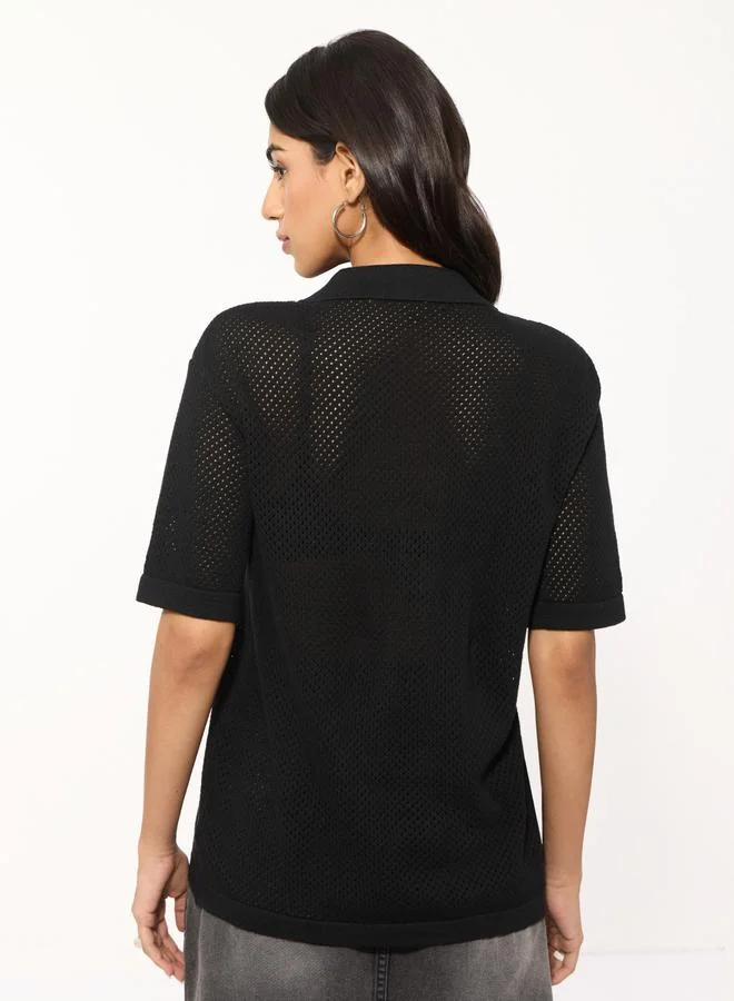 The Souled Store  Black Oversized Open Knit Shirt with Short Sleeves for Women | Best Price UAE