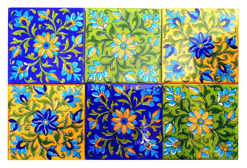 Shiv Kripa Blue Pottery Decorative Show Room Floor Tile Seamless Pattern Traditional Handmade Install Furniture Backsplash Designer Decor Wall Floor Furniture 4 x 4 Inch Pack of 6 Tiles Multi