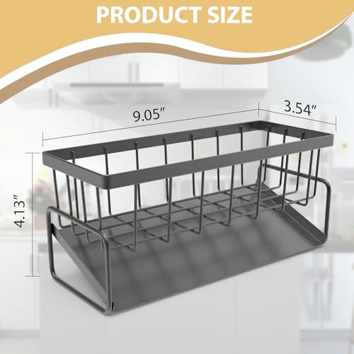 KABUM Sponge Holder Drain Rack for Kitchen Sink - 4-in-1 Organizer Holds Sponge, Soap, Stopper & Mini Brush, 9” Long Rustproof Carbon Steel Tray, Essential Kitchen Storage for a Tidy countertop, Grey - Image 3